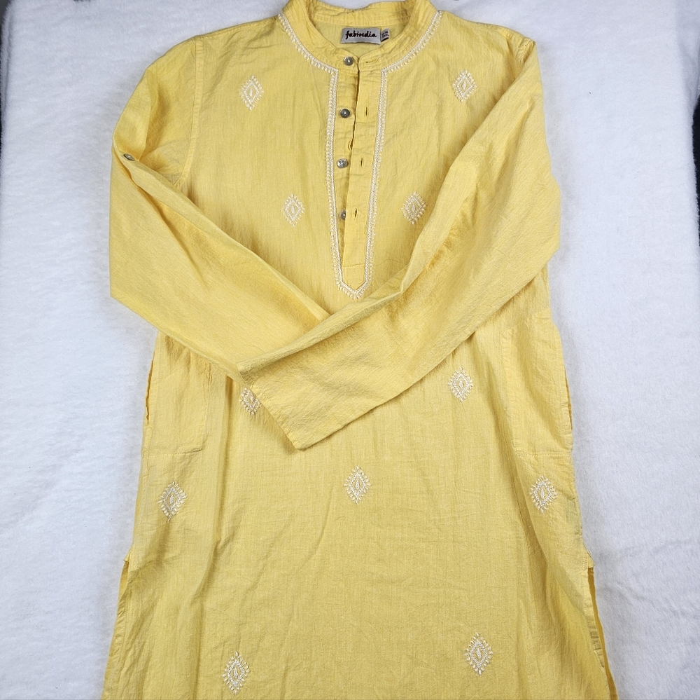 Fabindia‎ Yellow Cotton Kurta Embroidered Mandarin Collar Pockets  12-14 Yrs